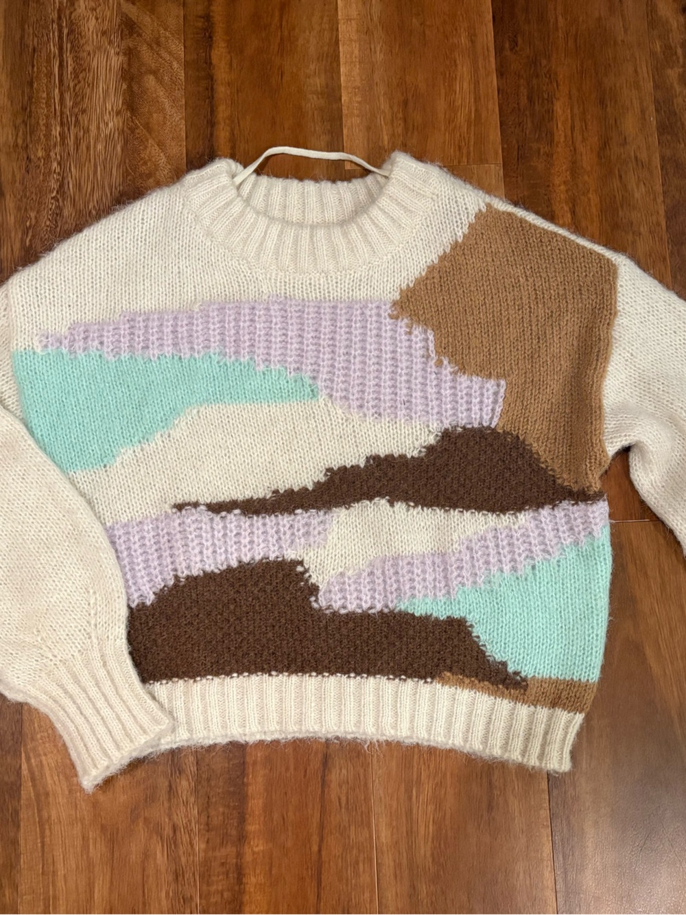 Vero Moda Cream Abstract Colorblock Knit Sweater with Brown, Mint & Lavender